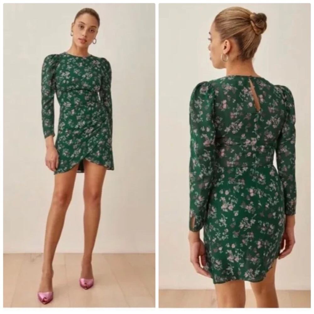 Reformation Juni Emilia Women's Green Floral Puff Sleeve Dress‎ Size 2